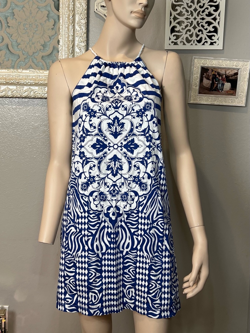 Max Studio Blue and White Halter-Neck Print Dress